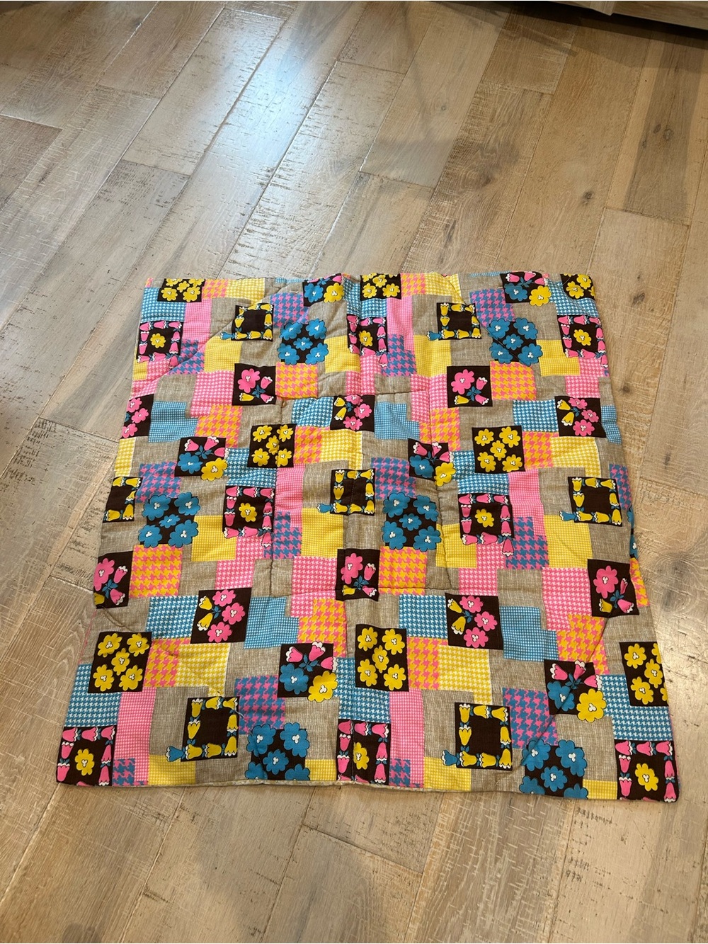 Handmade Sewn Patchwork Baby Quilt/Blanket With Embroidered Cat